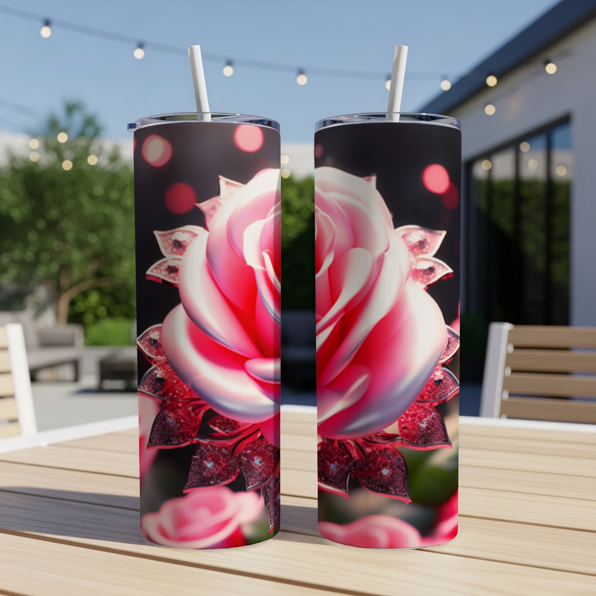 Two tumblers with a close-up pink rose design on a patio table.