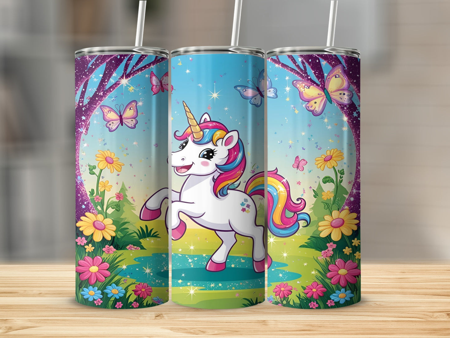 Unicorn and butterflies on a bright floral background.