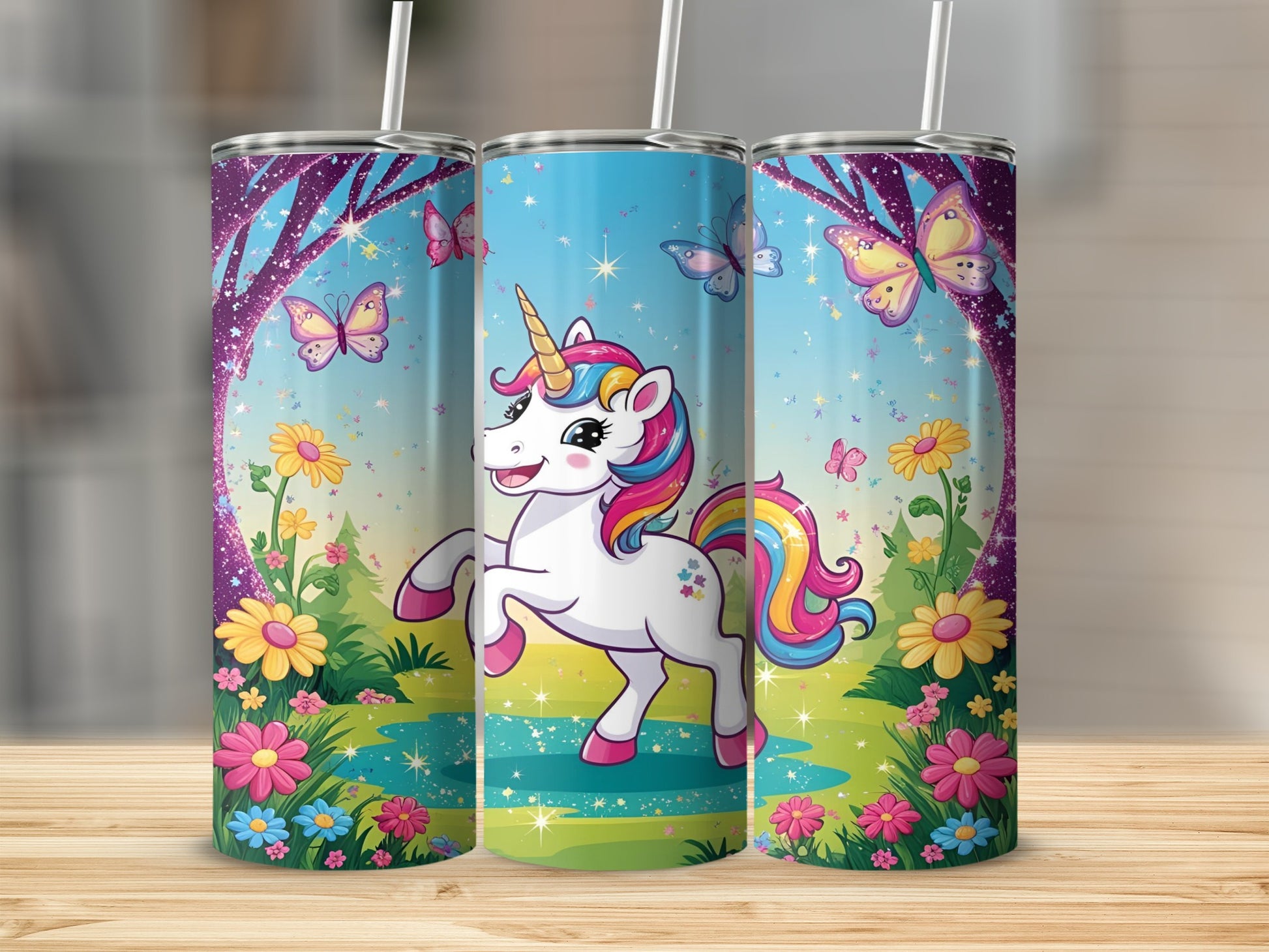 Unicorn and butterflies on a bright floral background.