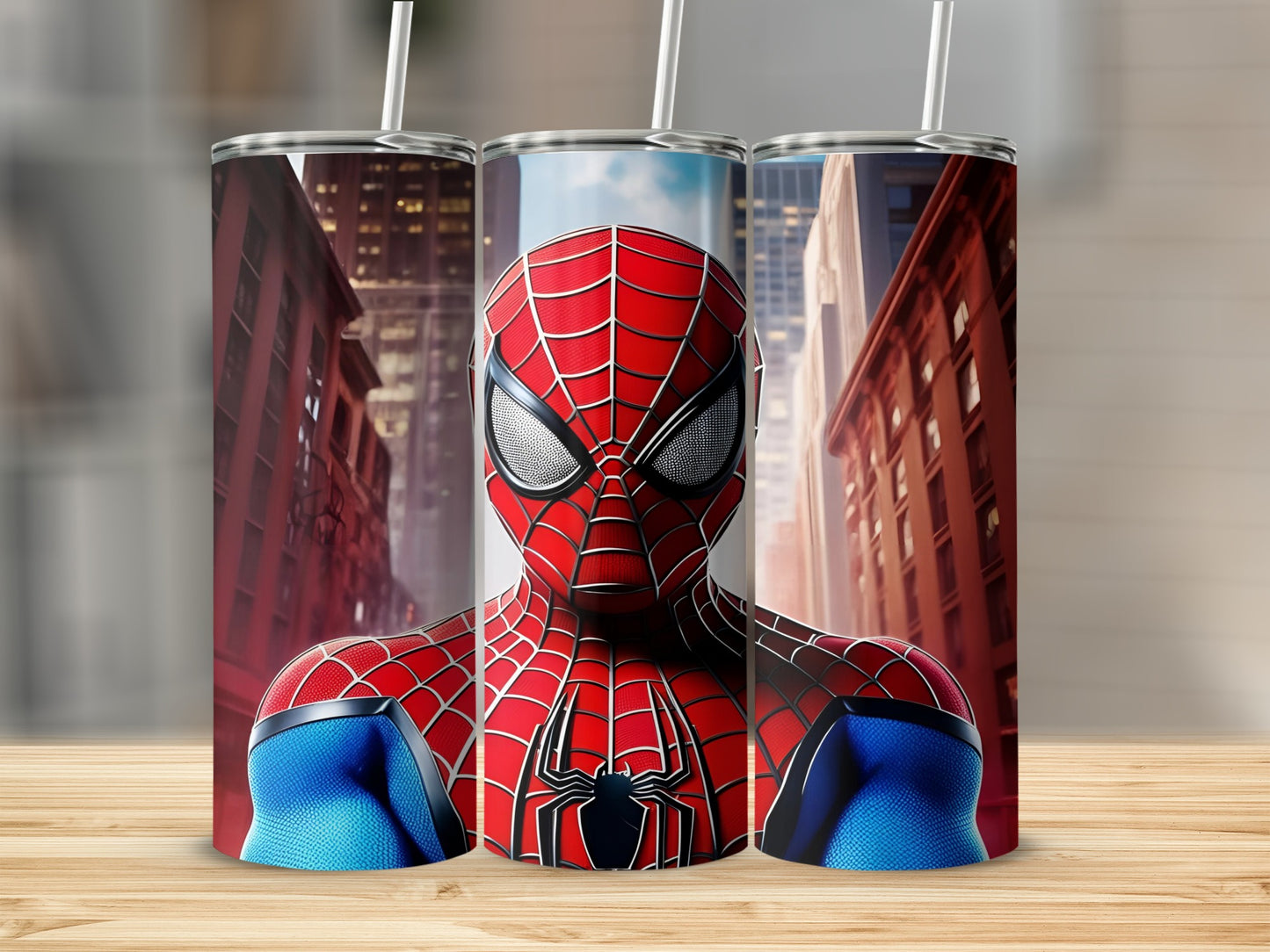 Spiderman tumbler with city buildings in the background.
