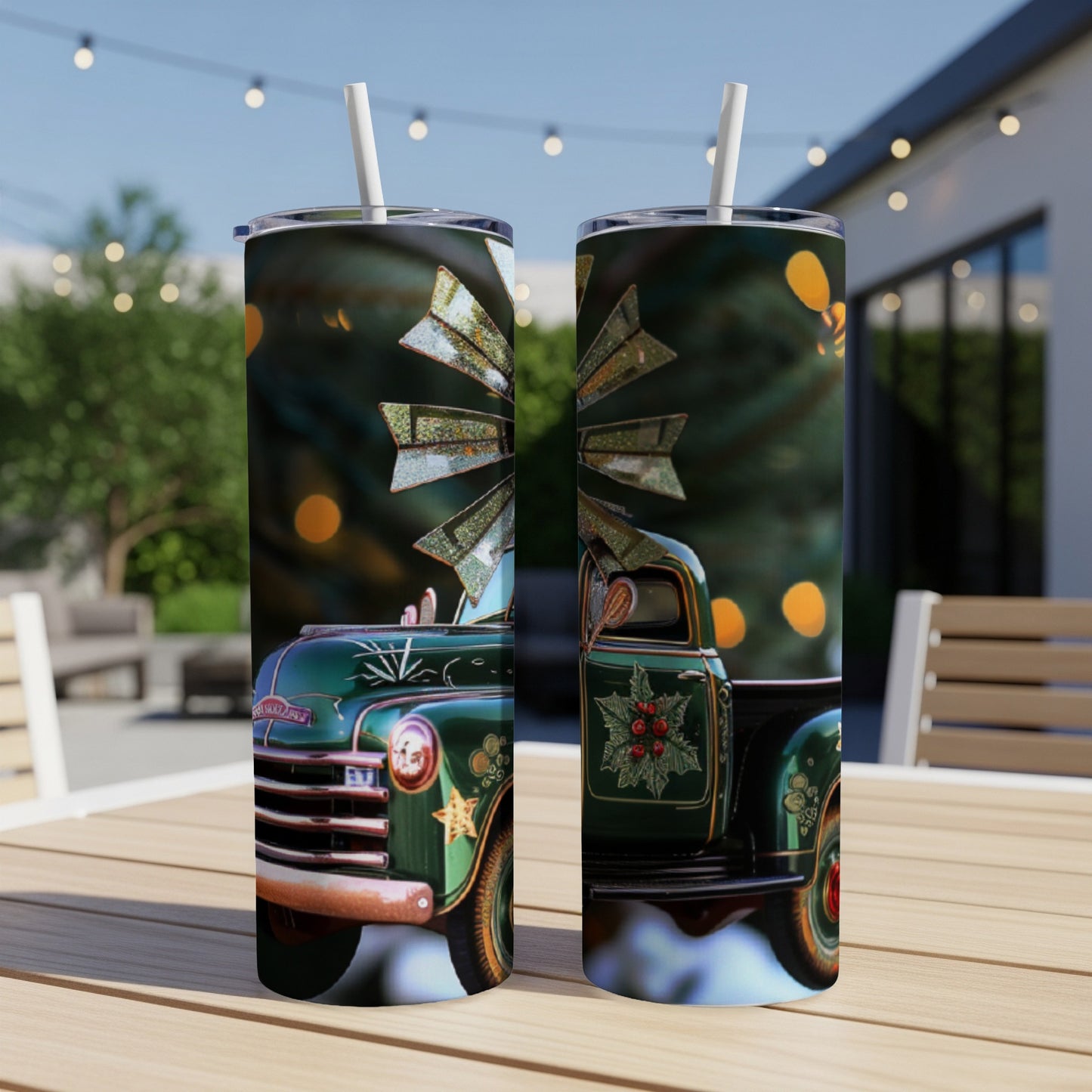 Vintage truck with holly and a windmill on a Christmas-themed tumbler.