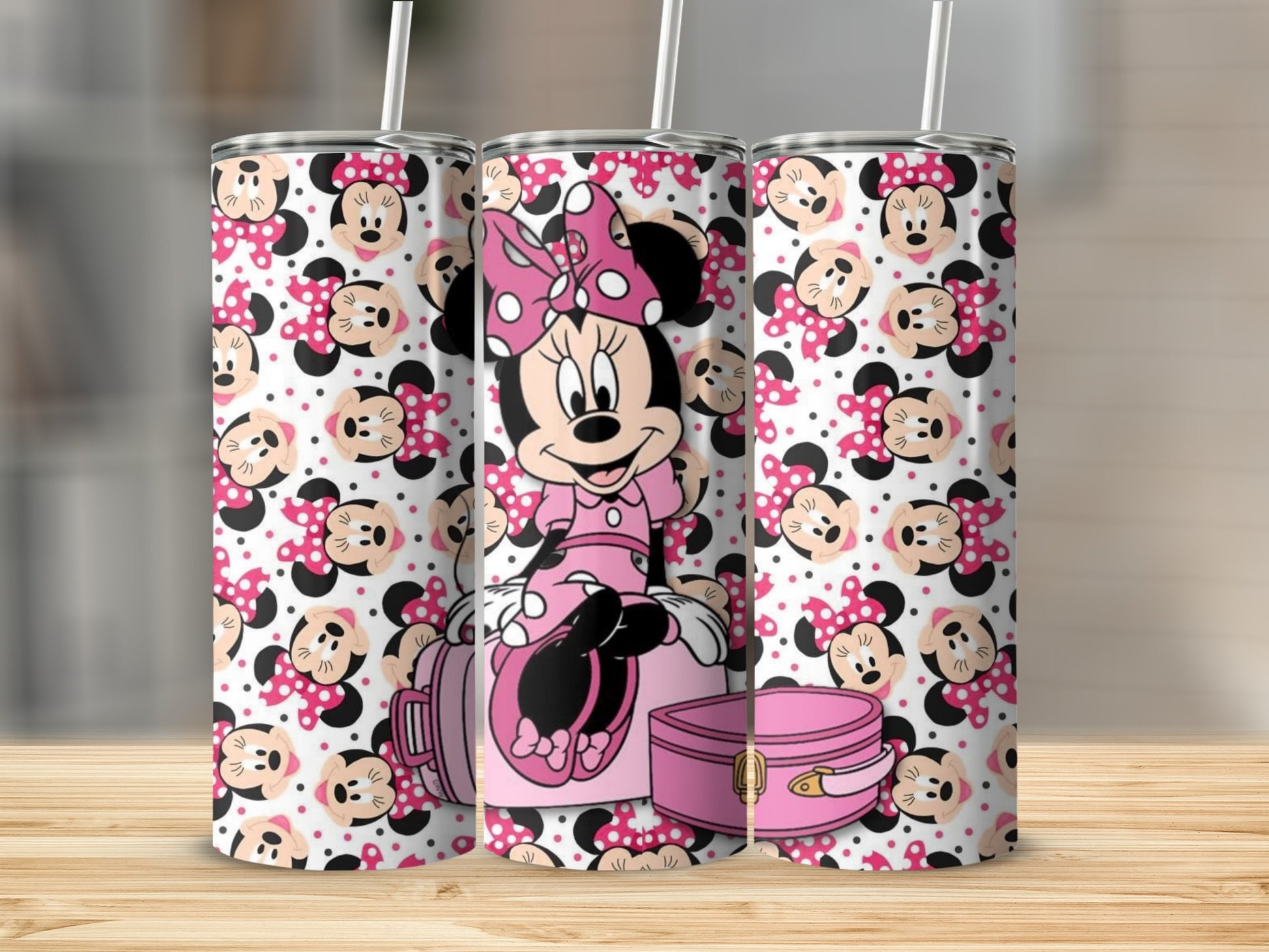 Cute Minnie Mouse Tumbler with Pink Bows and Suitcases