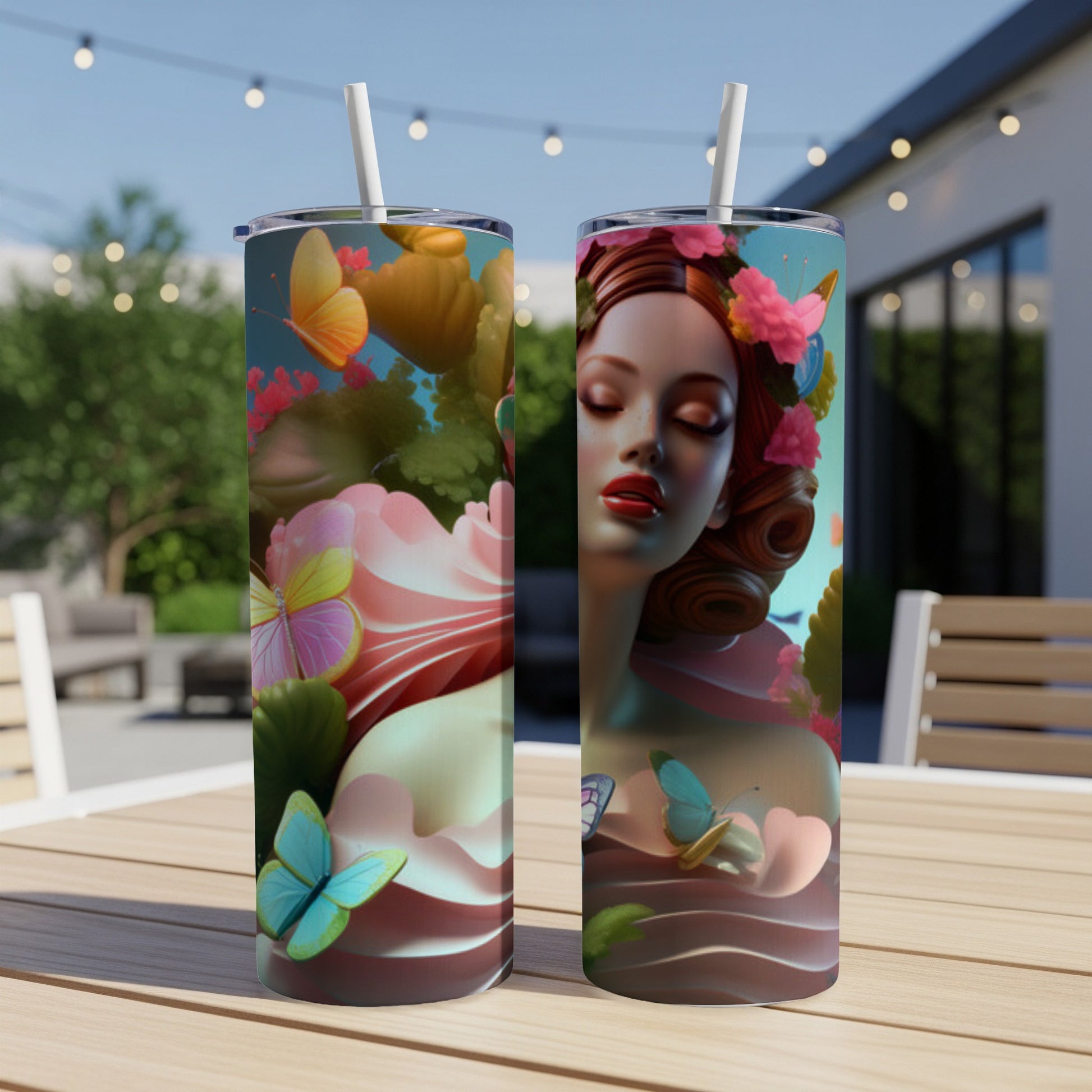 Two tumblers featuring a woman with flowers and butterflies on a wooden table.