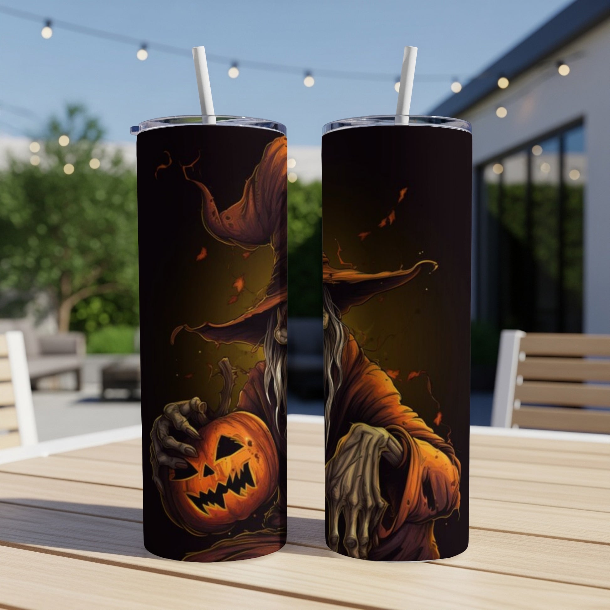 Two tumblers featuring a grim reaper holding a jack-o'-lantern against a dark background.