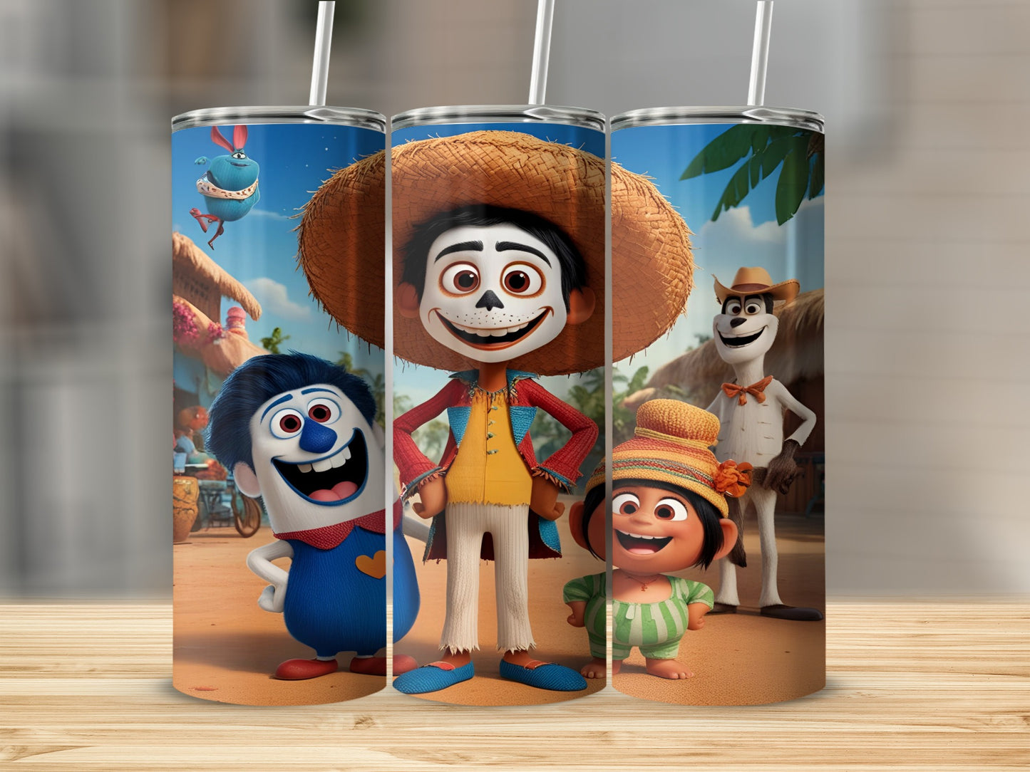 Three cartoon characters in colorful clothing stand on a sandy beach with palm trees.