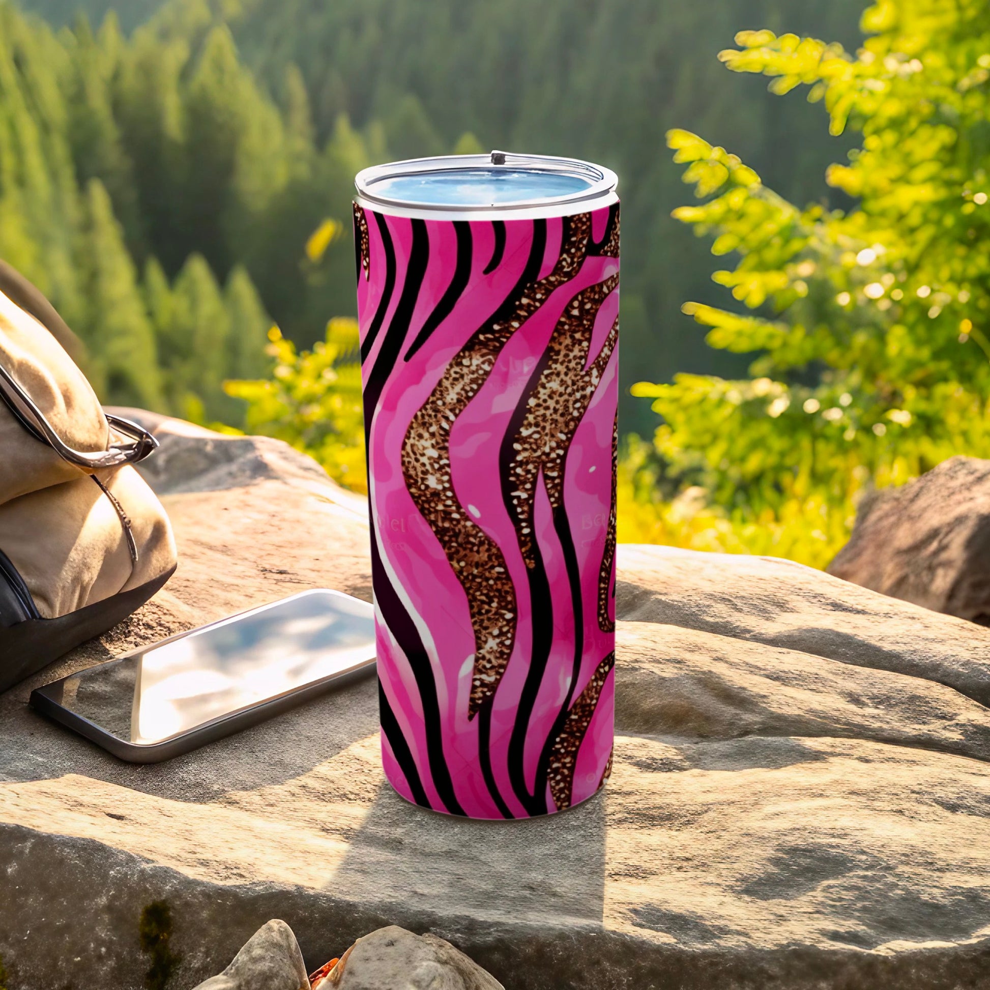 Pink Black Glitter Animal Print Striped Tumbler product type