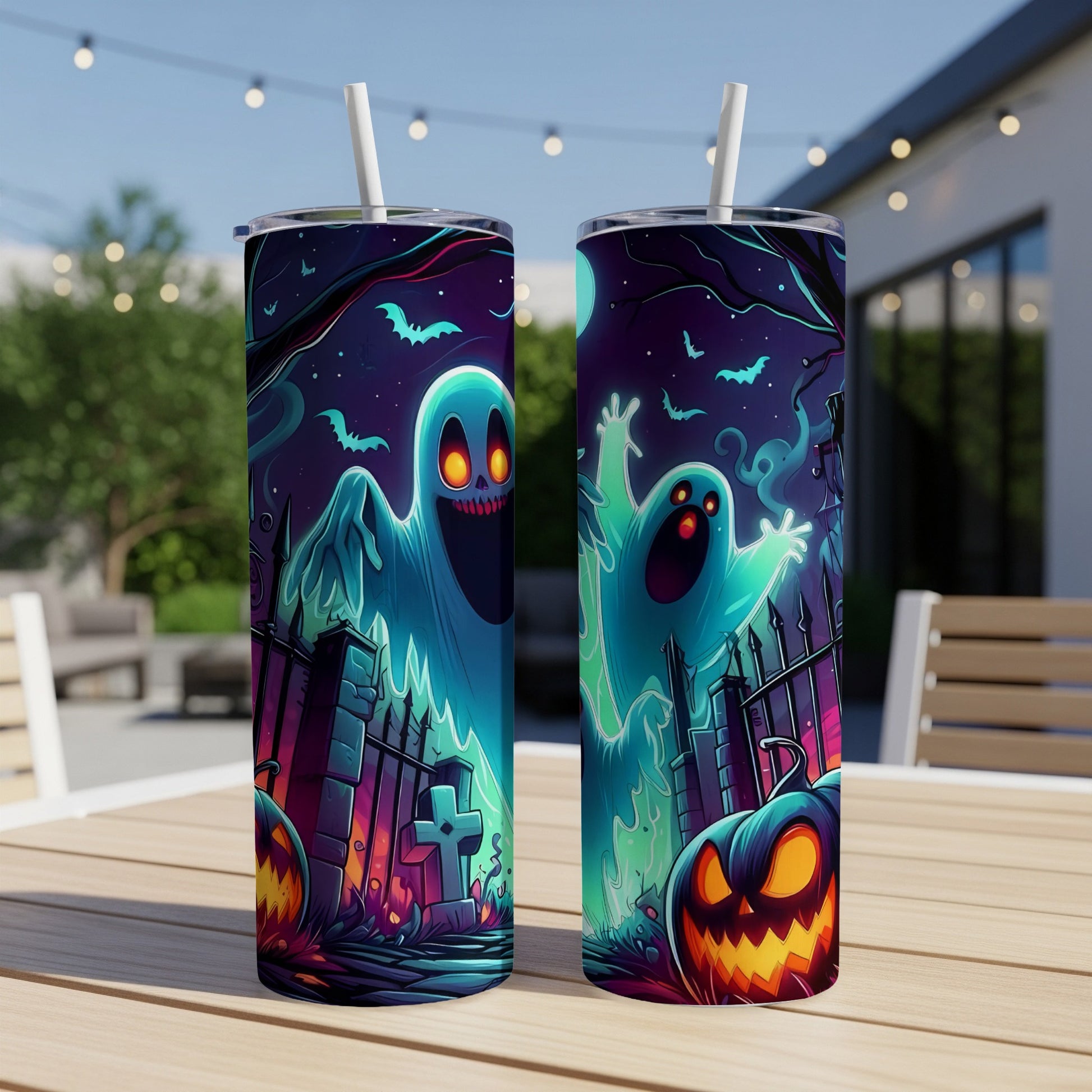 Two Halloween-themed tumblers with ghosts, bats, pumpkins, and a graveyard scene.
