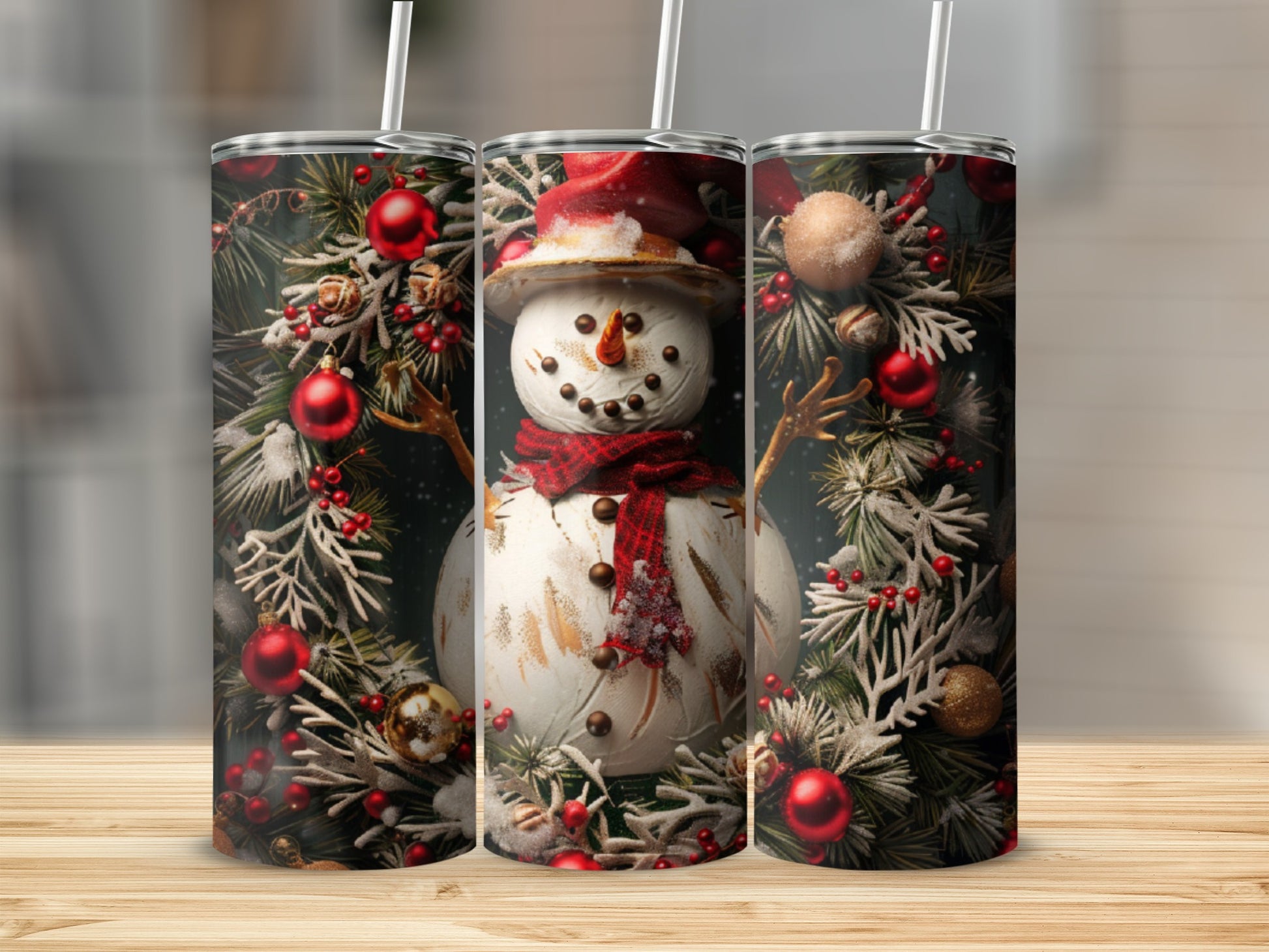 Snowman wearing scarf and hat on a snowy pine branch background.