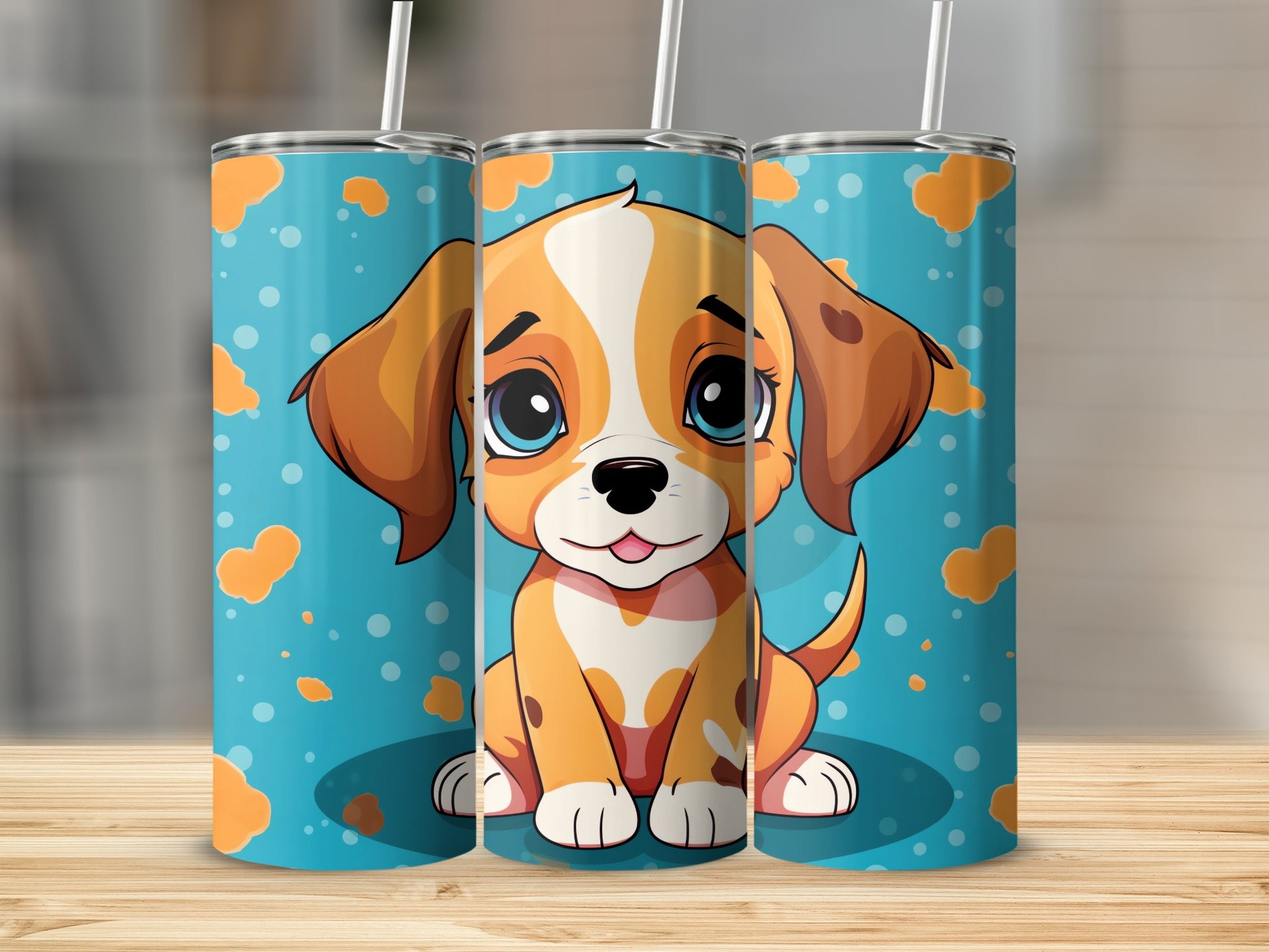 Charming Puppy Graphic Orange Spots Blue Background product type
