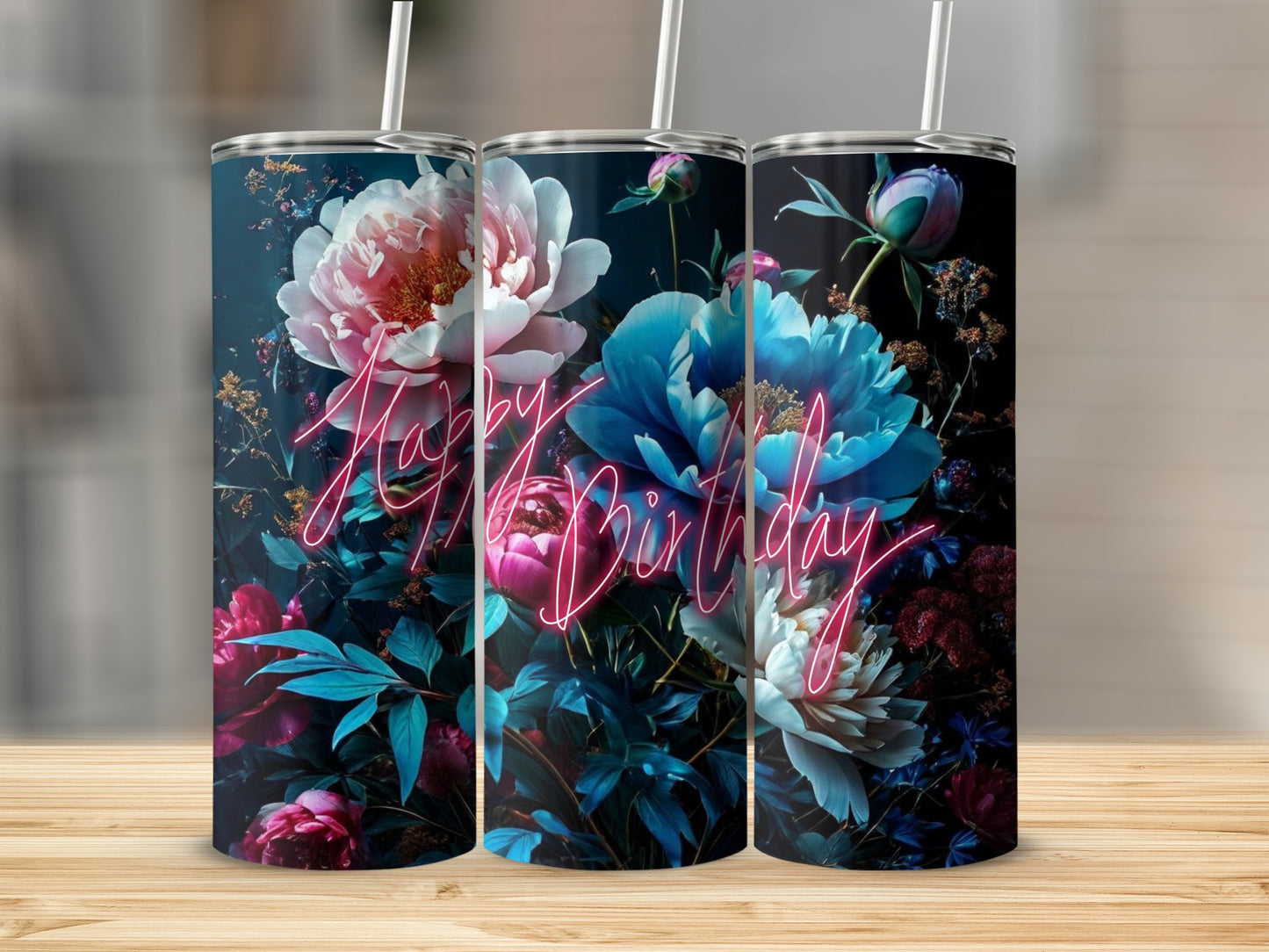 Birthday tumbler with vibrant blue and pink flowers and neon text.