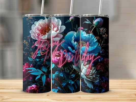 Birthday tumbler with vibrant blue and pink flowers and neon text.