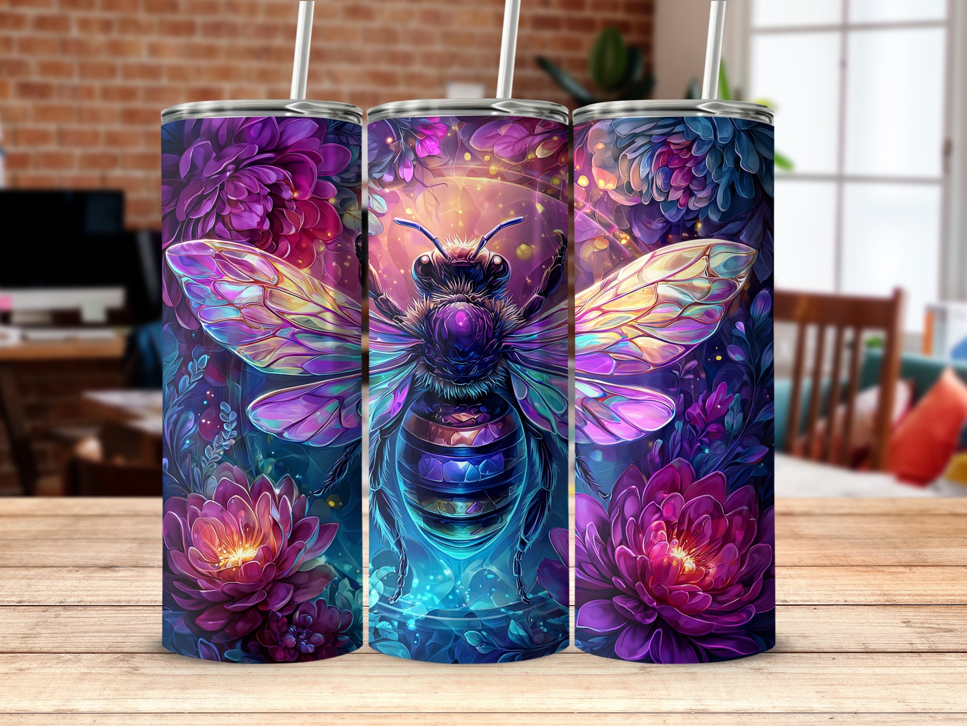 Colorful Fantasy Bee and Flower Art on Drinkware