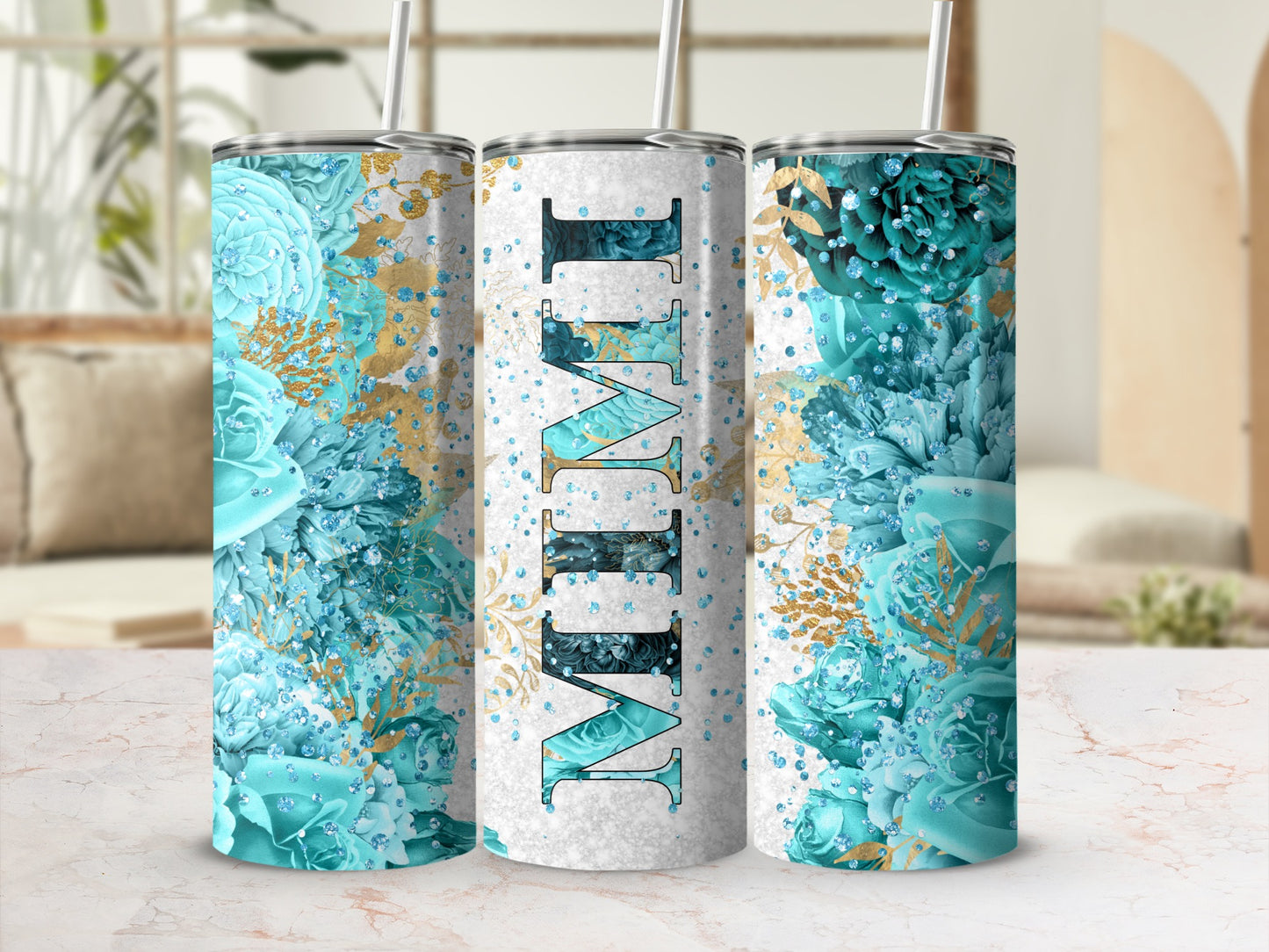 MIMI Teal Aqua Flowers Gold Glitter Sparkle Tumbler product type
