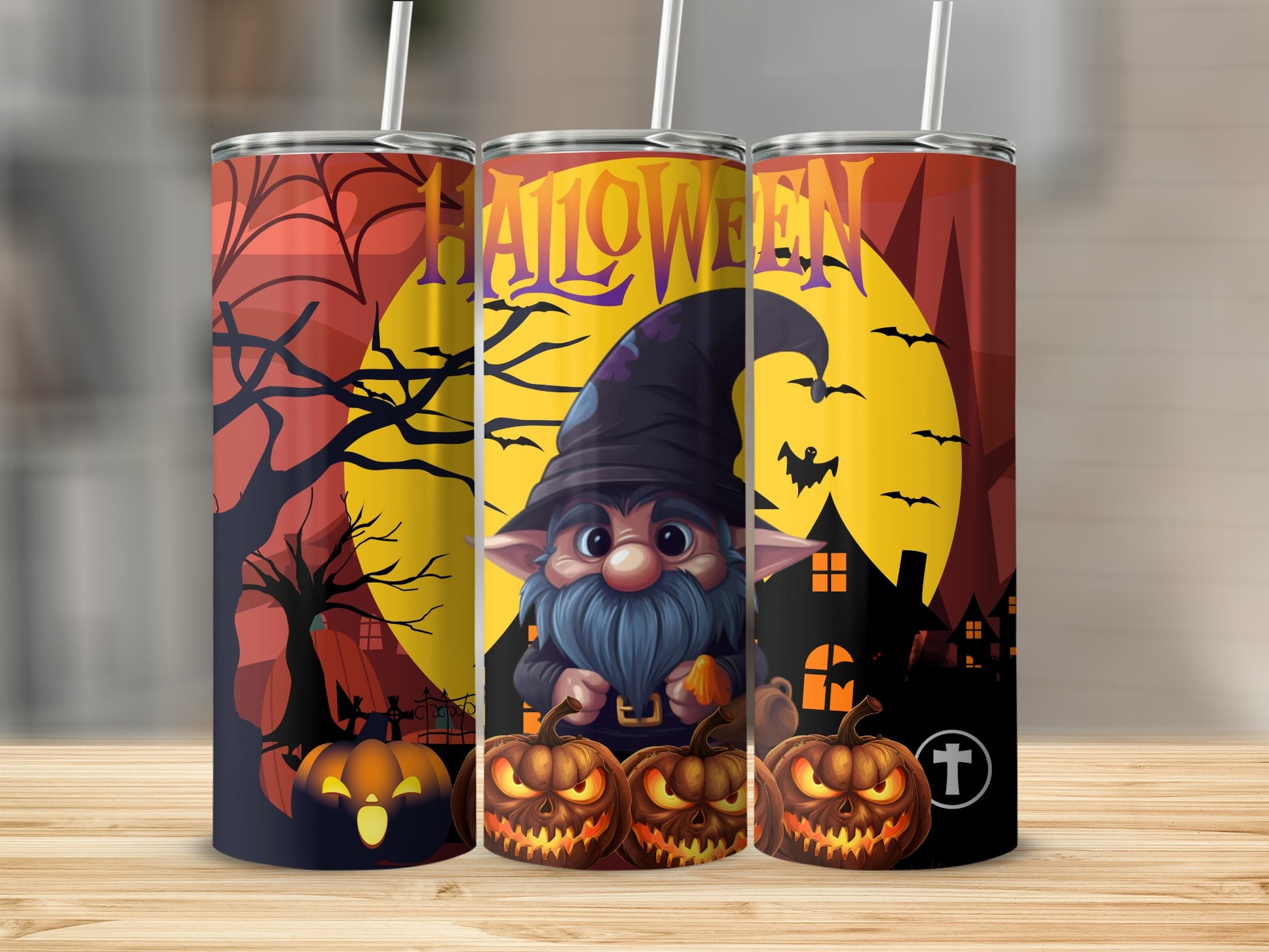 Halloween Gnome with Pumpkins Full Moon Tumbler