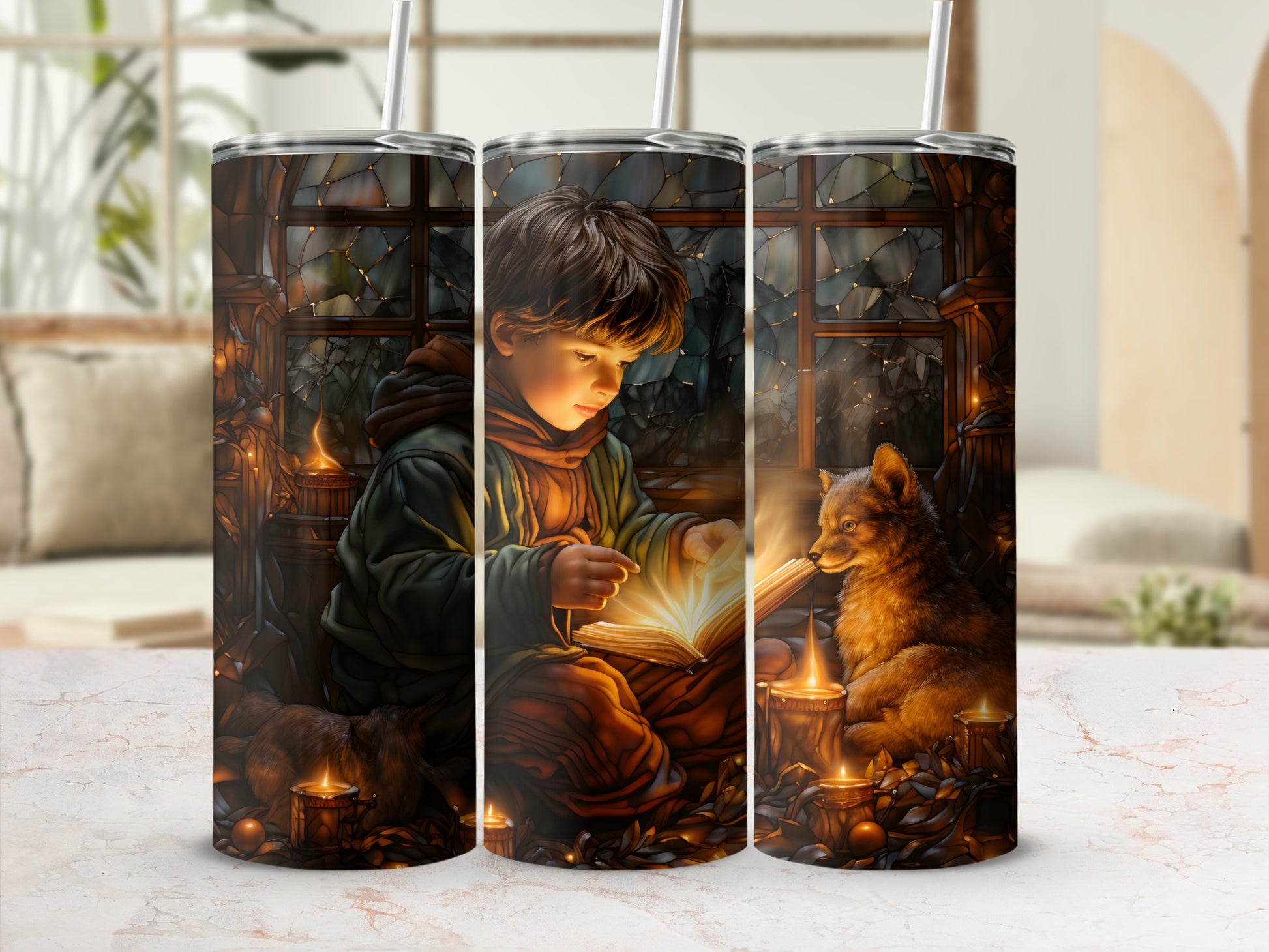 Child reading book by candlelight with fox and small animals.