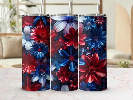 Three tumblers with red, white, and blue floral designs.