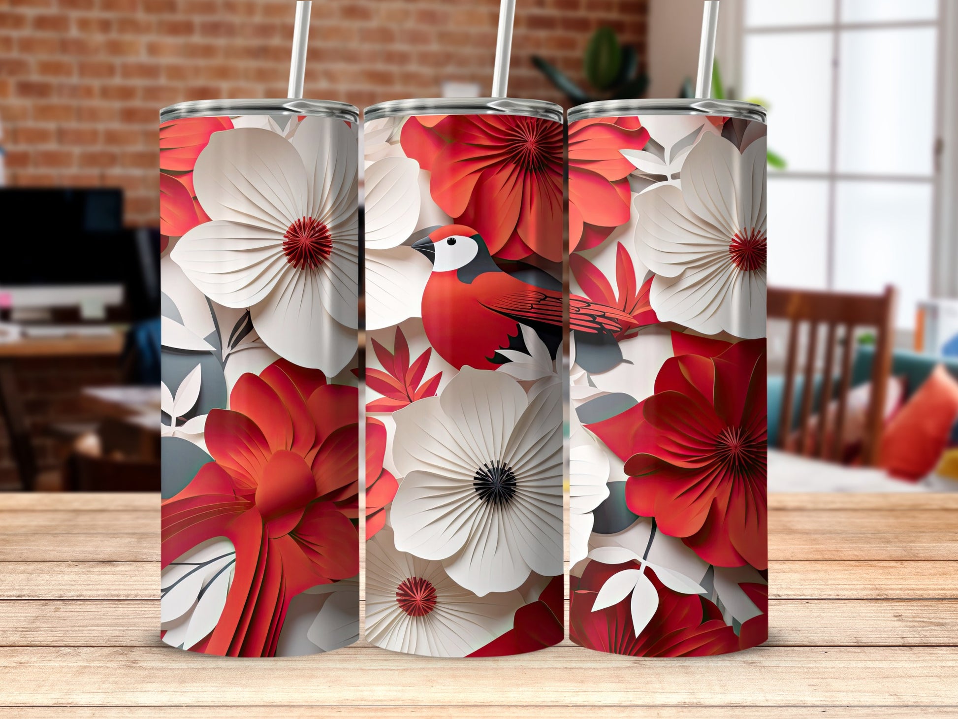 Red and White Floral Bird Design Insulated Tumbler