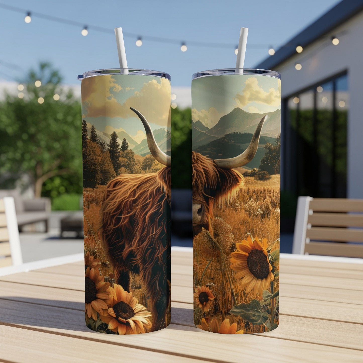 Highland cow and sunflowers on a tumbler, against a rural landscape.