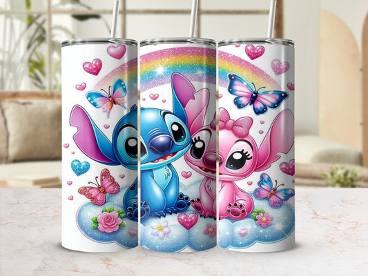 Cute Stitch and Angel Butterfly Rainbow Tumbler Cup