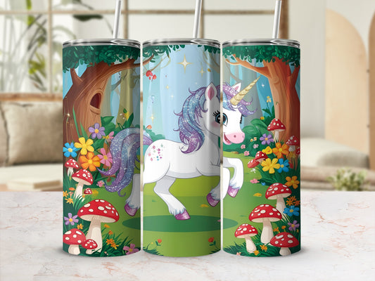 Unicorn in a whimsical forest with mushrooms and flowers.