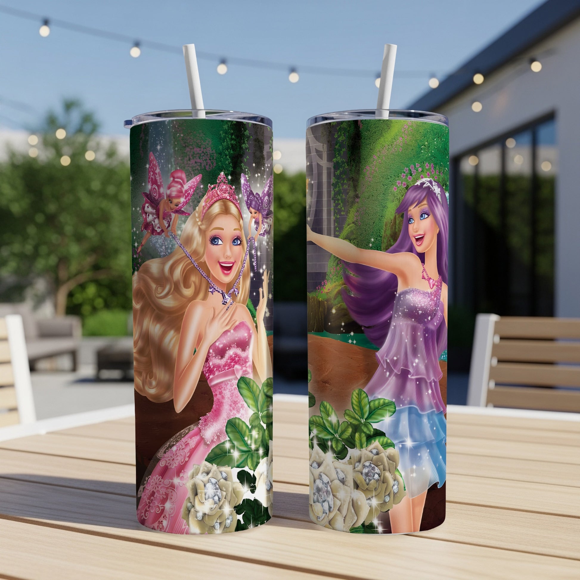 Two Barbie tumblers with pink and purple designs, featuring princesses and floral accents.