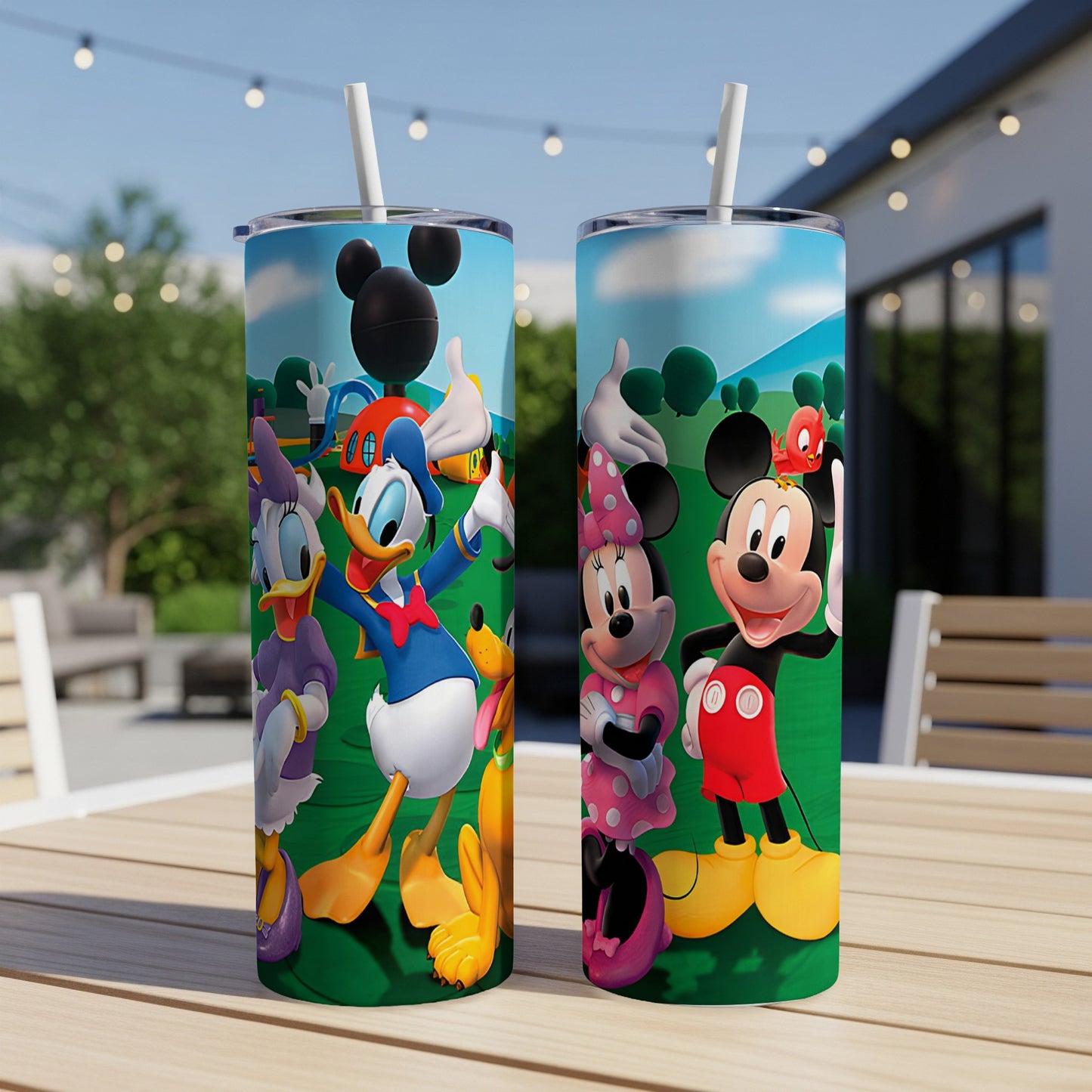 Mickey Mouse, Minnie Mouse, and Donald Duck characters on a tumbler.