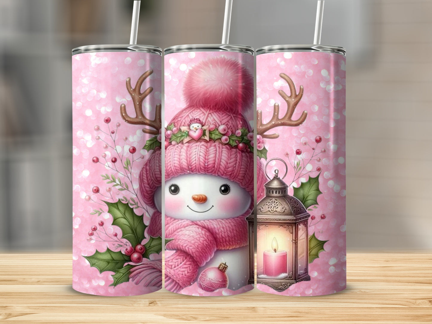Pink Festive Snowman with Antlers Holiday Tumbler