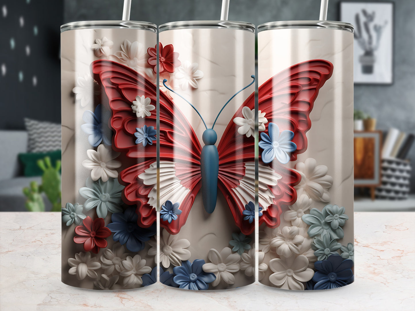 Butterfly design tumbler with red, white, and blue flowers.