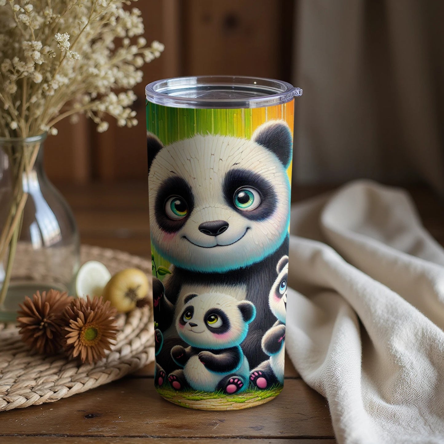Adorable Cartoon Panda with Panda Babies Tumbler Cup