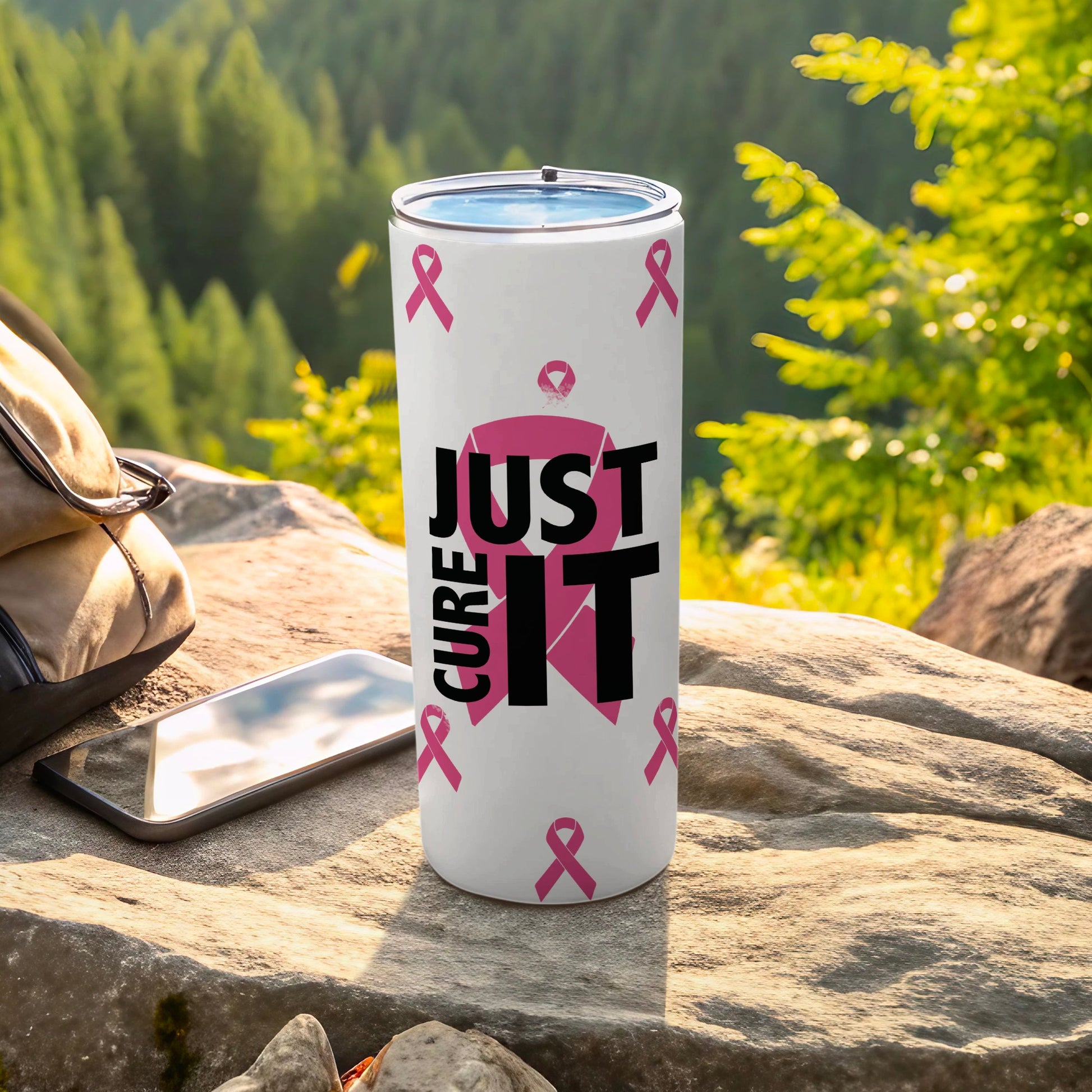 White tumbler with pink ribbons and text "JUST CURE IT".