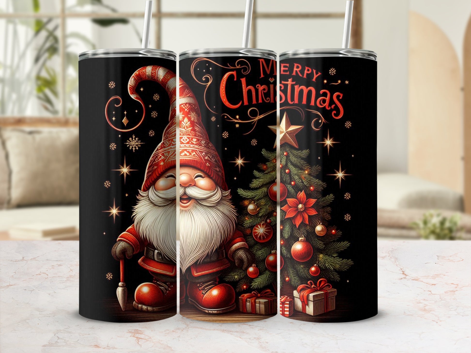 Black tumbler with gnome, Christmas tree, gifts, and Merry Christmas text.