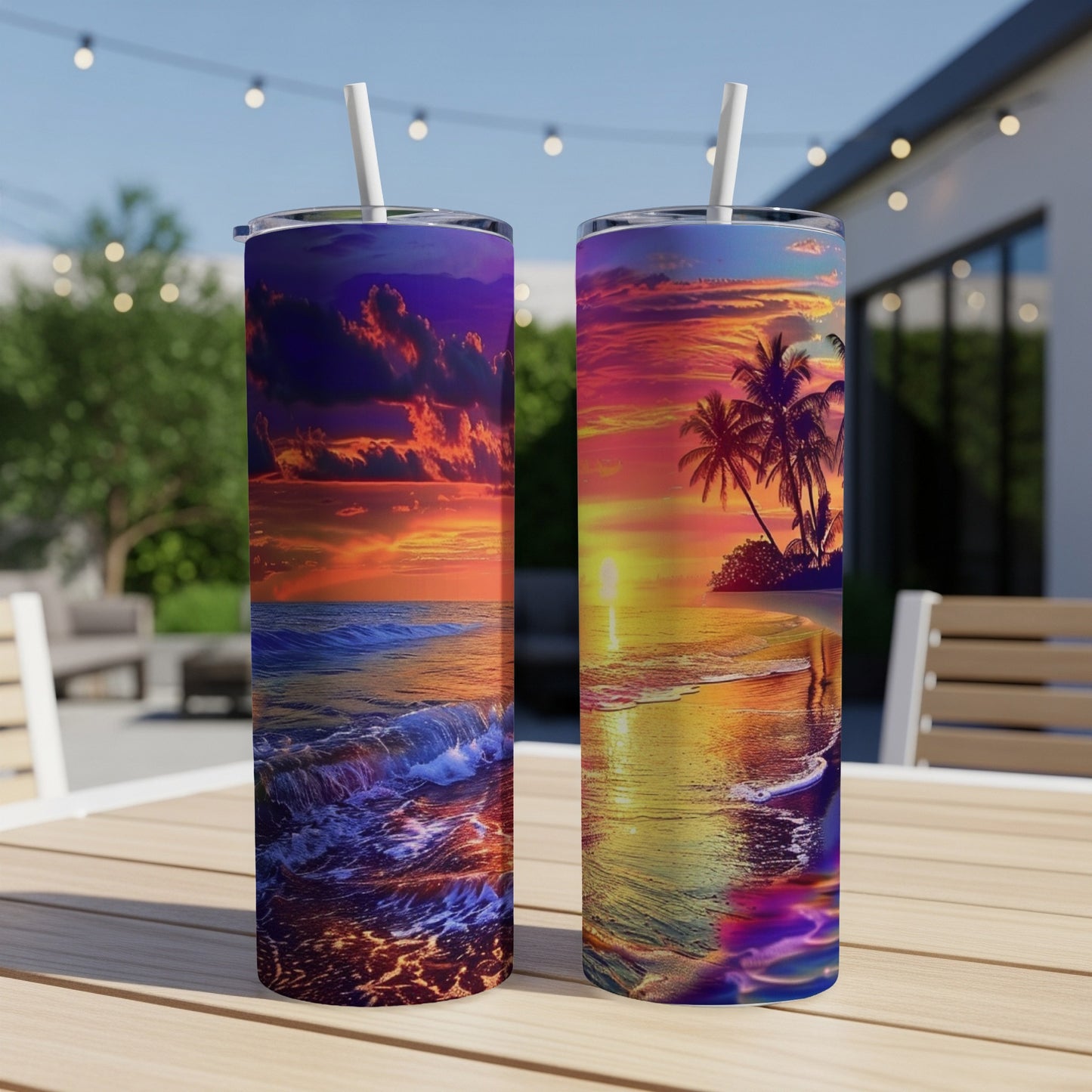 Two tumblers with vibrant tropical sunset beach scenes.