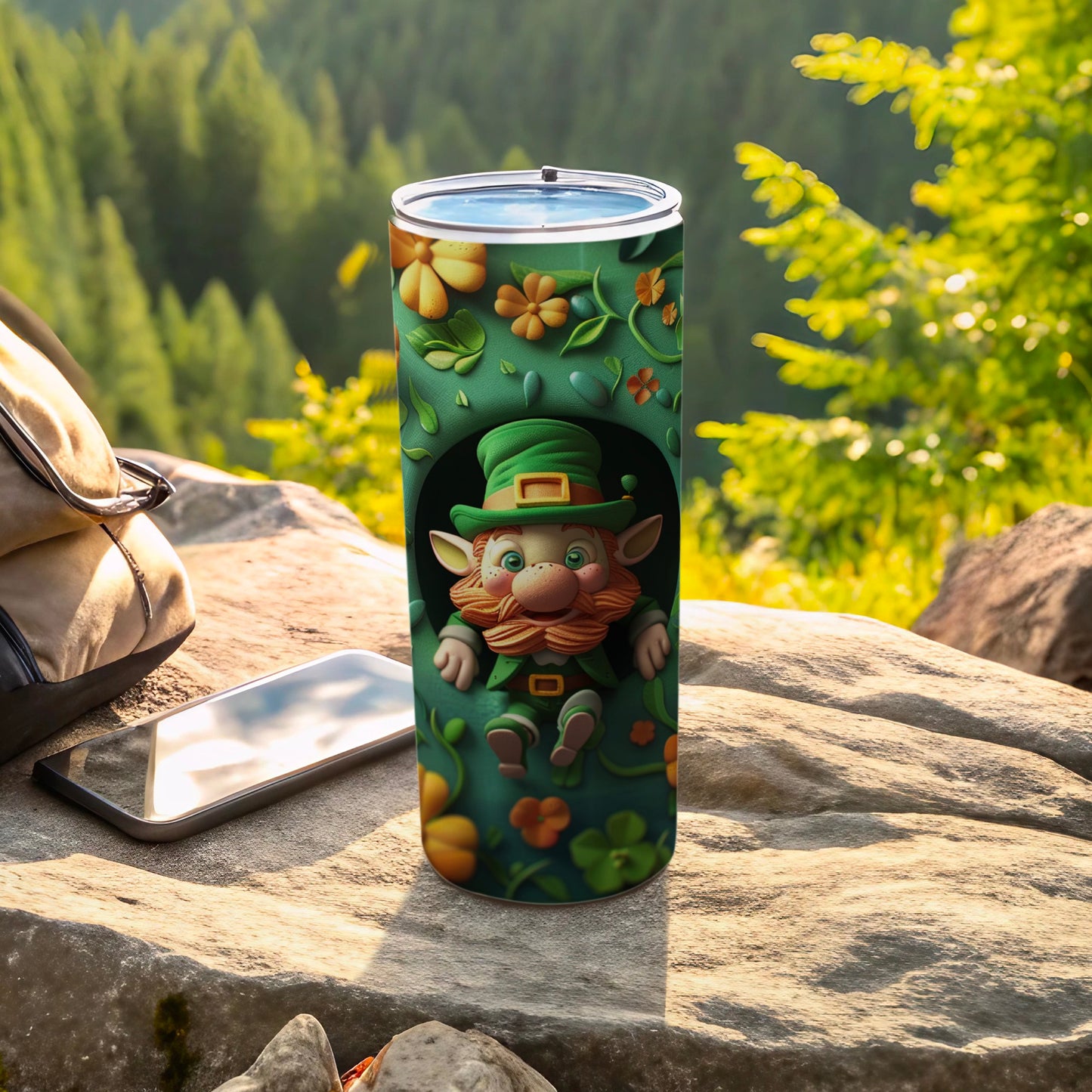 Green tumbler with leprechaun, shamrocks, and floral accents.