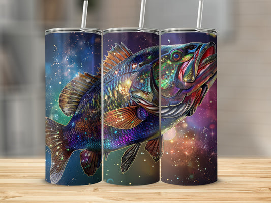 Cosmic bass fish design on three skinny tumblers.