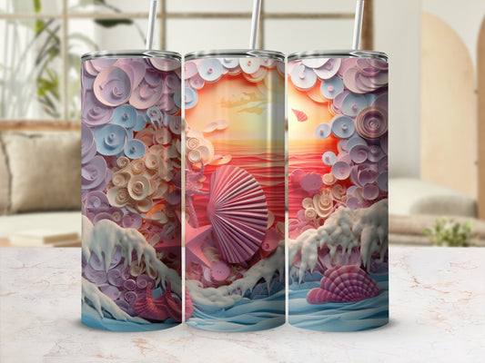 Three tumblers with a whimsical coral reef and sunset design.