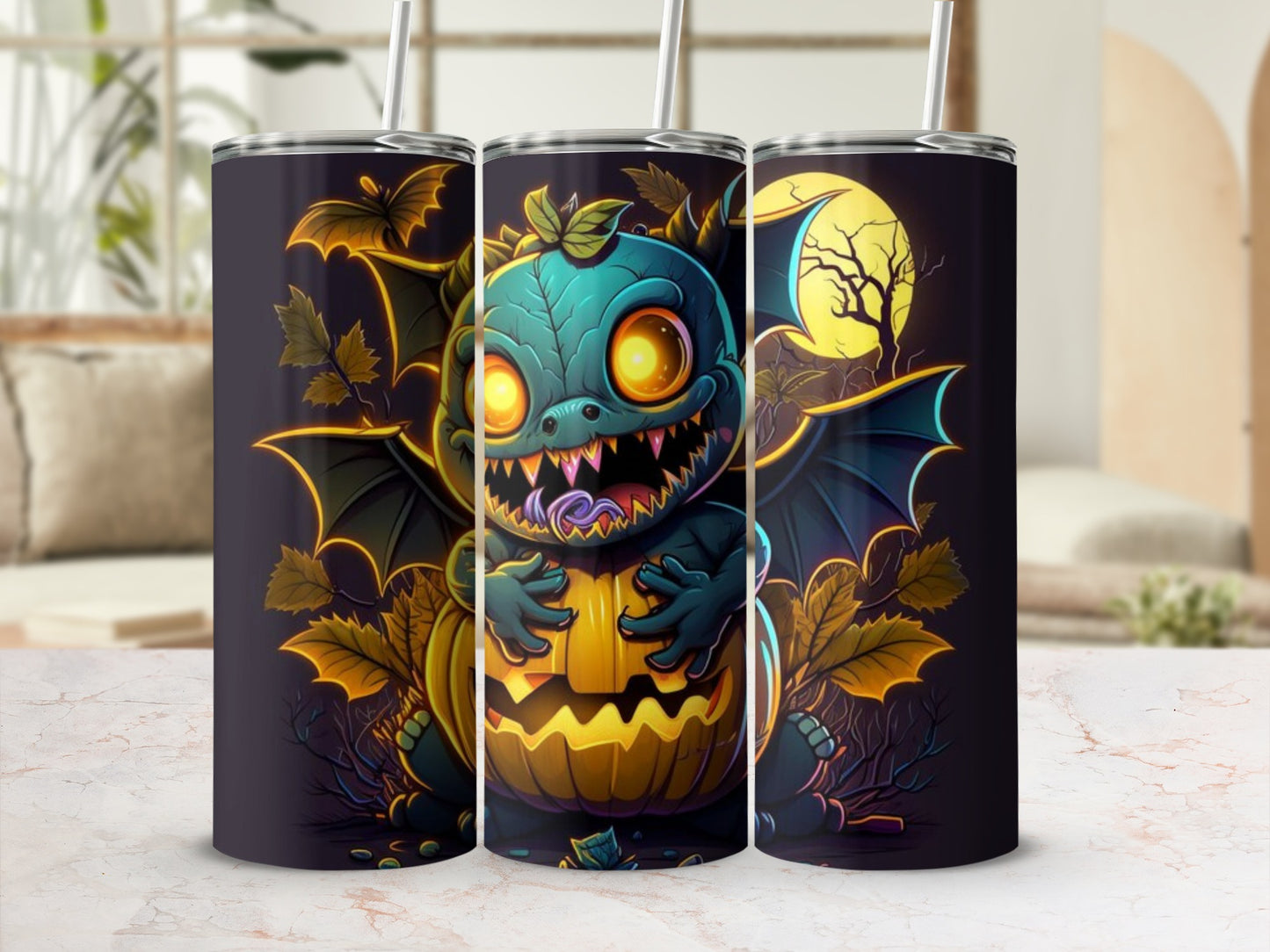 Tumbler featuring a cute blue dragon with wings, holding a jack-o'-lantern.