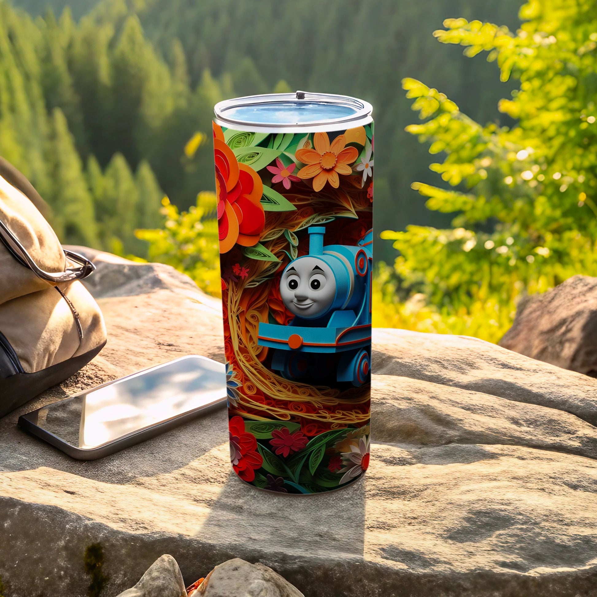 Colorful Train and Flowers Design Tumbler Cup