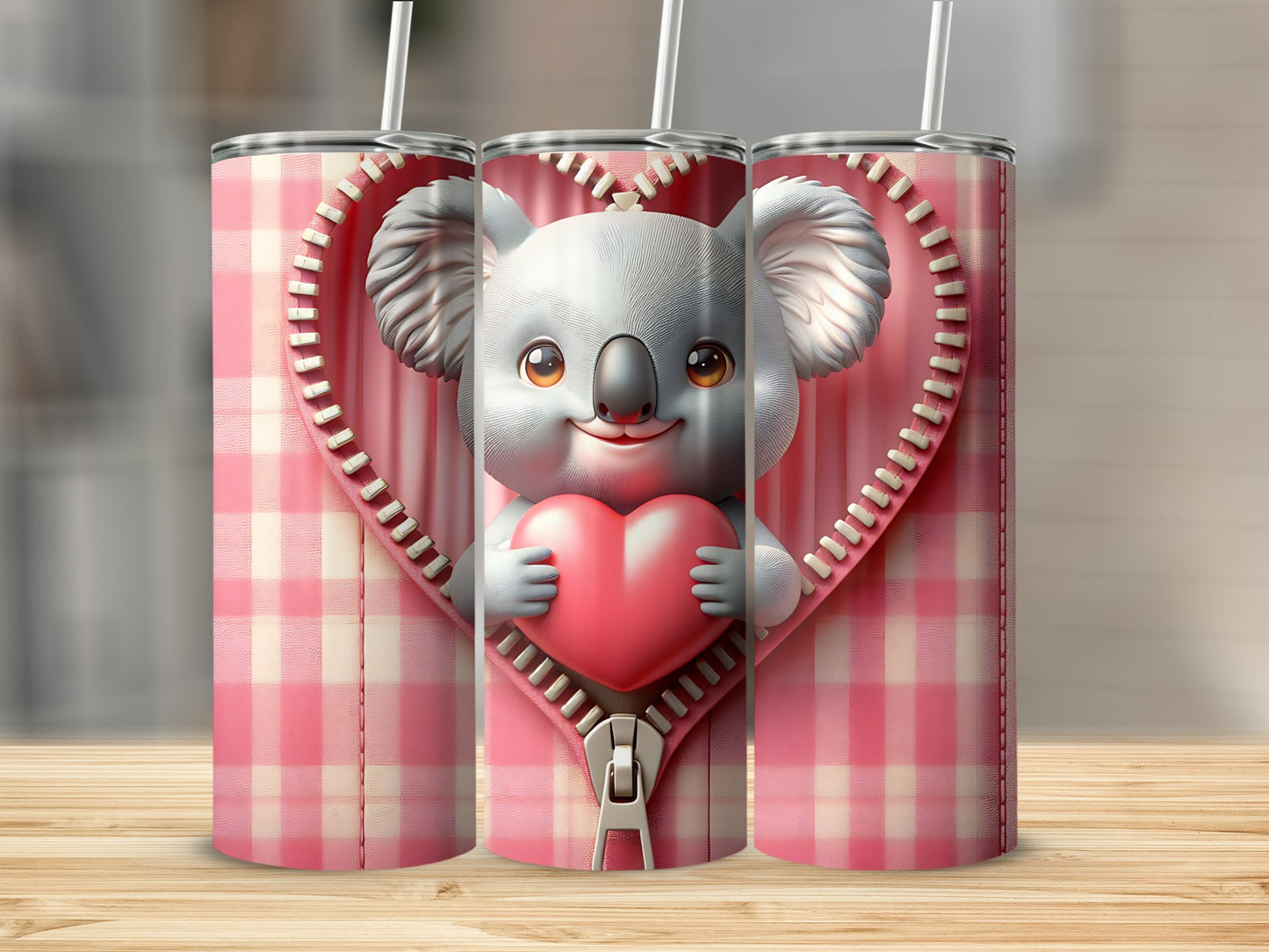 Triptych of tumblers featuring a smiling koala holding a pink heart behind a zipper.