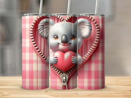 Triptych of tumblers featuring a smiling koala holding a pink heart behind a zipper.