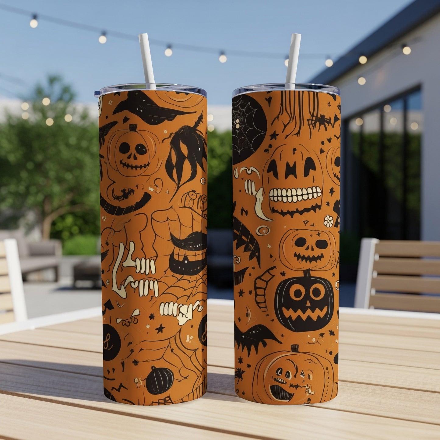 Two tumblers with a Halloween pattern featuring pumpkins, bats, and spiderwebs.