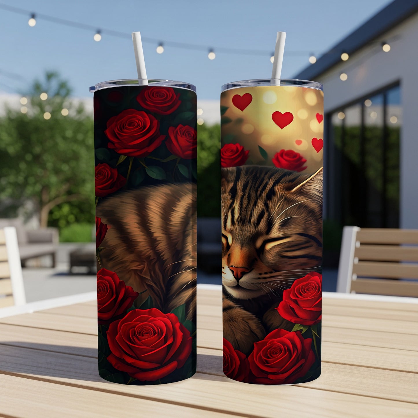 Two tumblers with sleeping cat and roses, on a table outdoors.