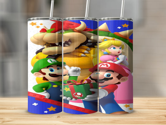 Mario, Luigi, Princess Peach, and Bowser on a blue tumbler with stars and gift.