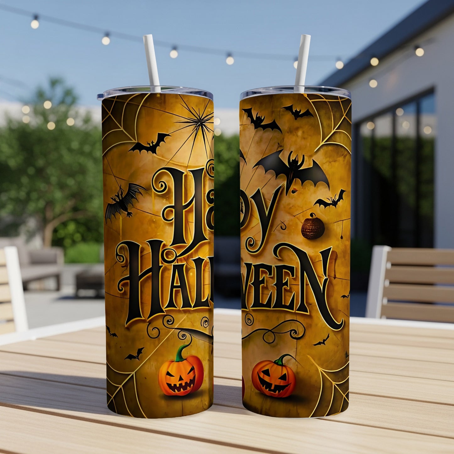 Two tumblers with Halloween theme: "Happy Halloween" text, bats, pumpkins, and spiderweb.