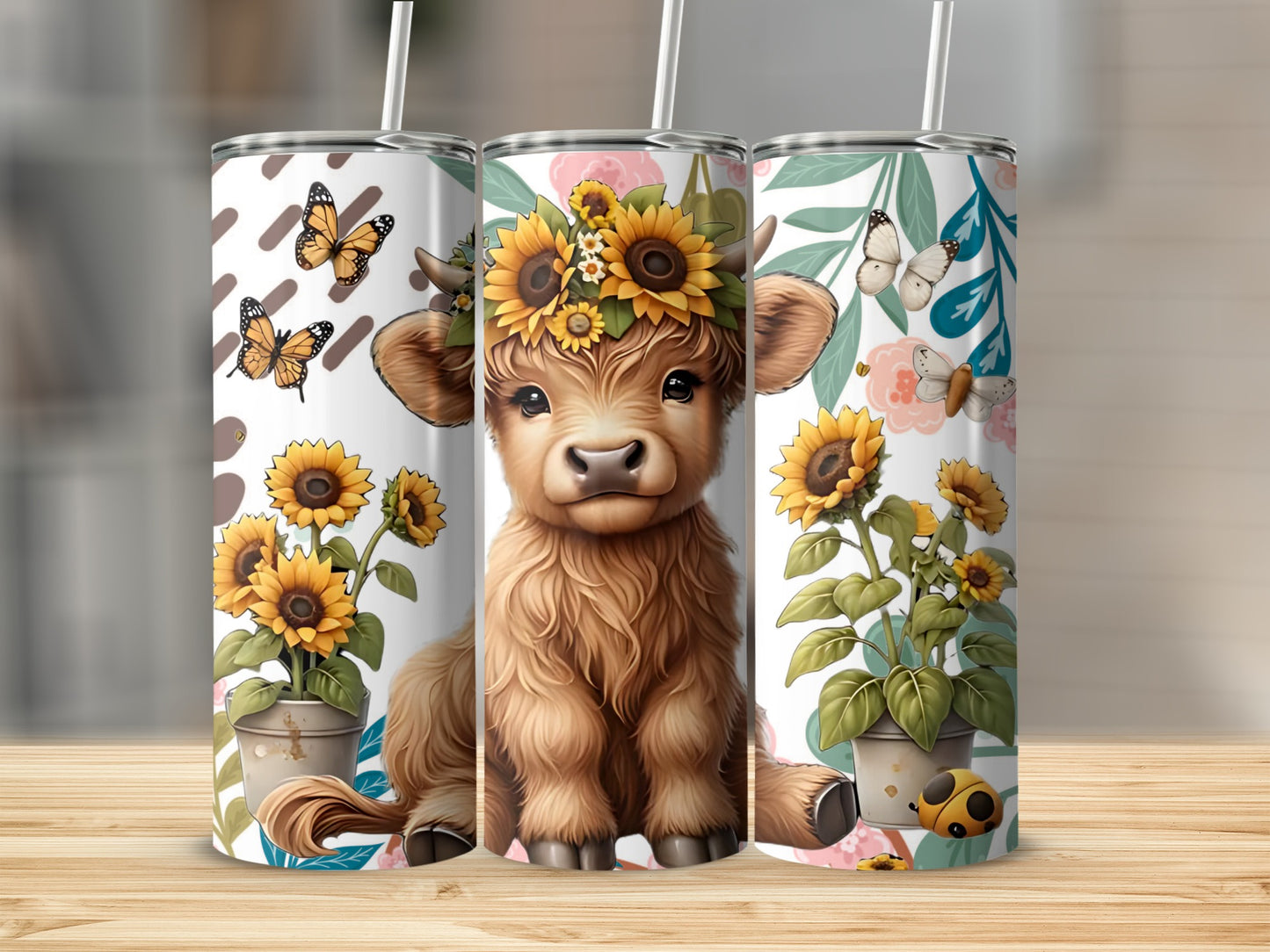Adorable Cow Flower and Butterfly Design Tumbler