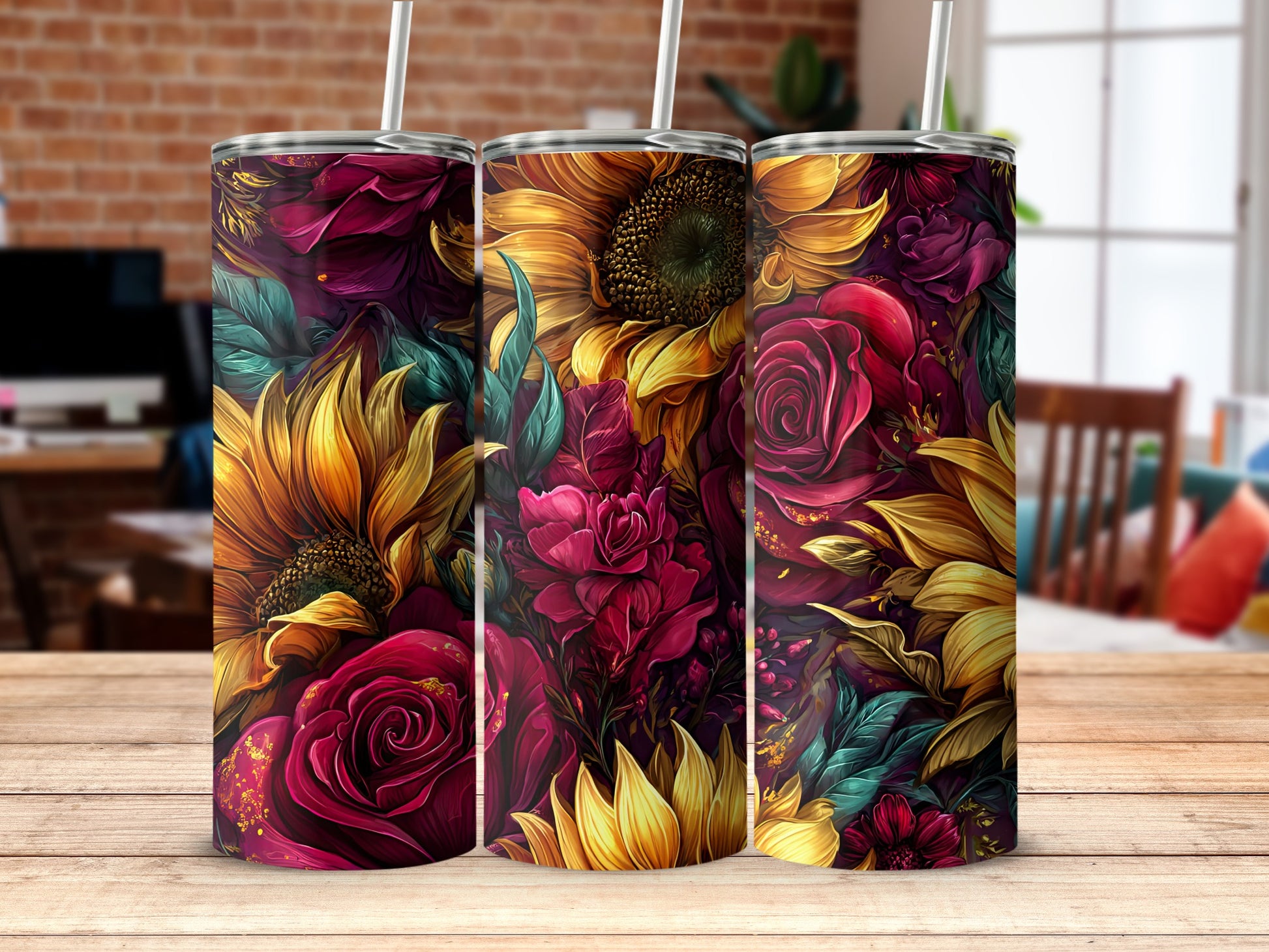 Colorful Sunflower and Rose Design Tumblers