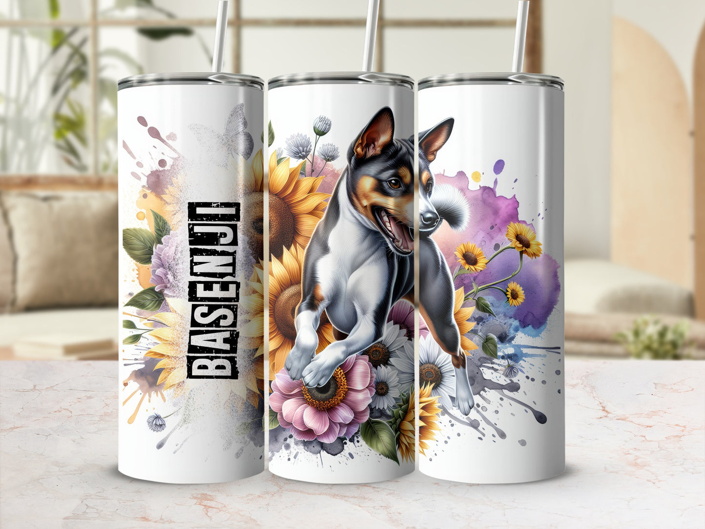 Three tumblers featuring a Basenji dog surrounded by sunflowers and abstract watercolor splashes.