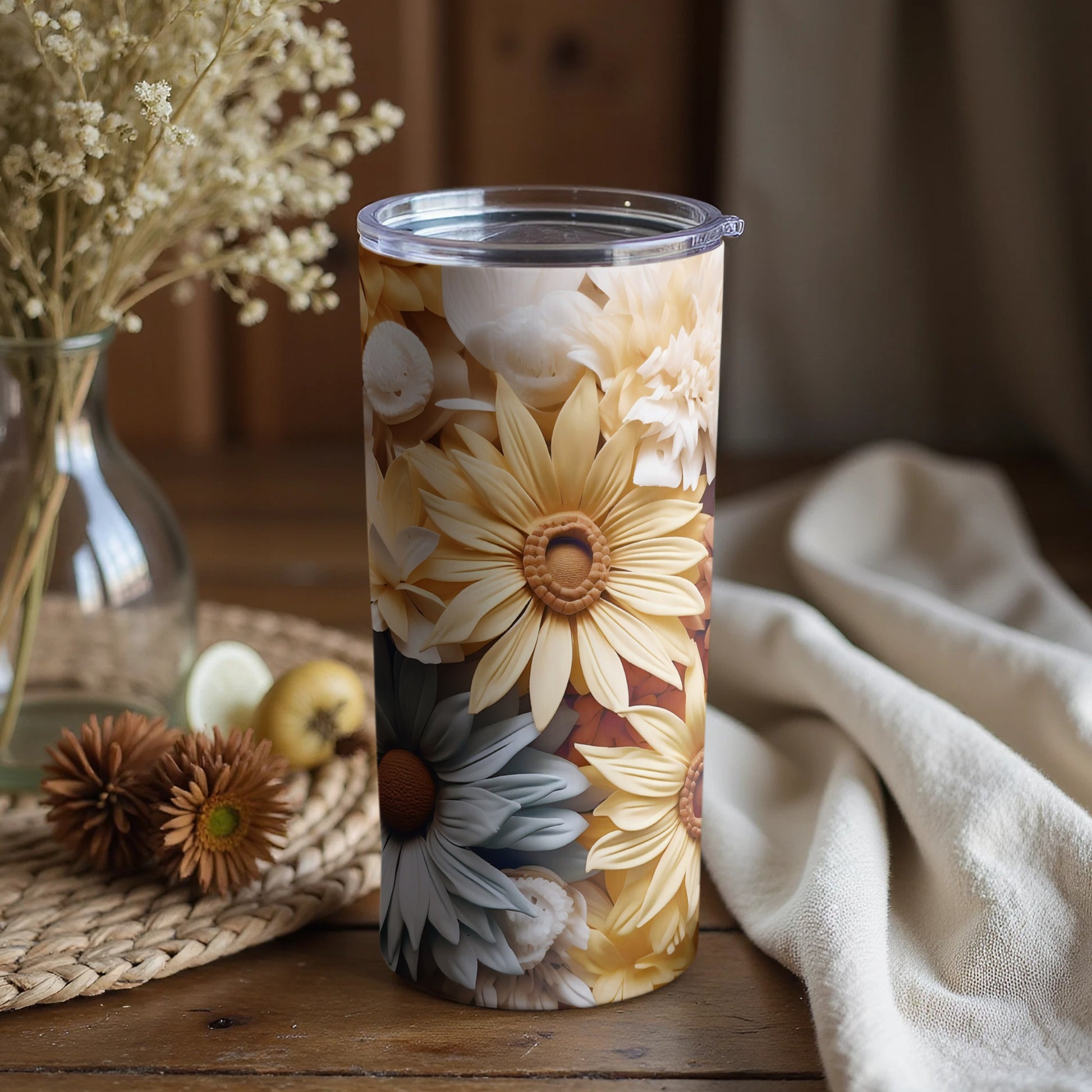 Floral Themed Insulated Tumbler with Lid Cup