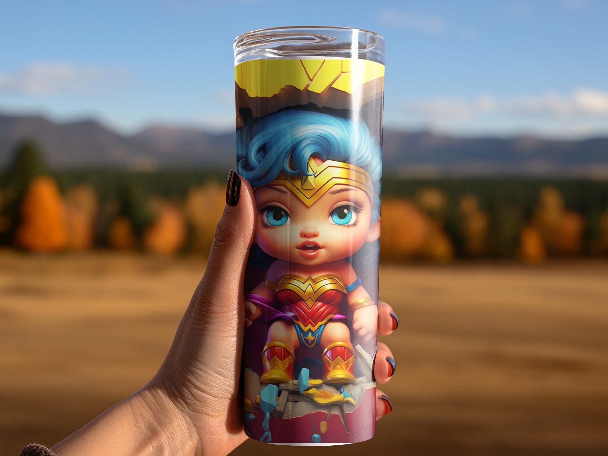 Cute Blue Haired Superhero Doll Drinking Tumbler