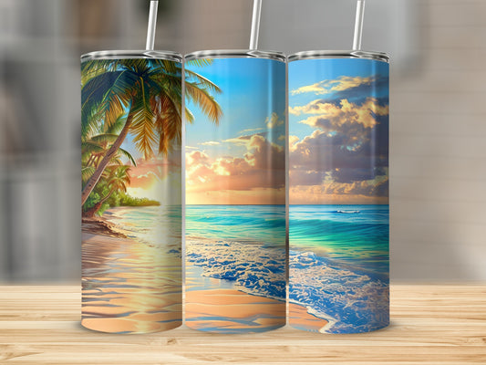Tropical Beach Sunset and Ocean Scene Tumbler Set