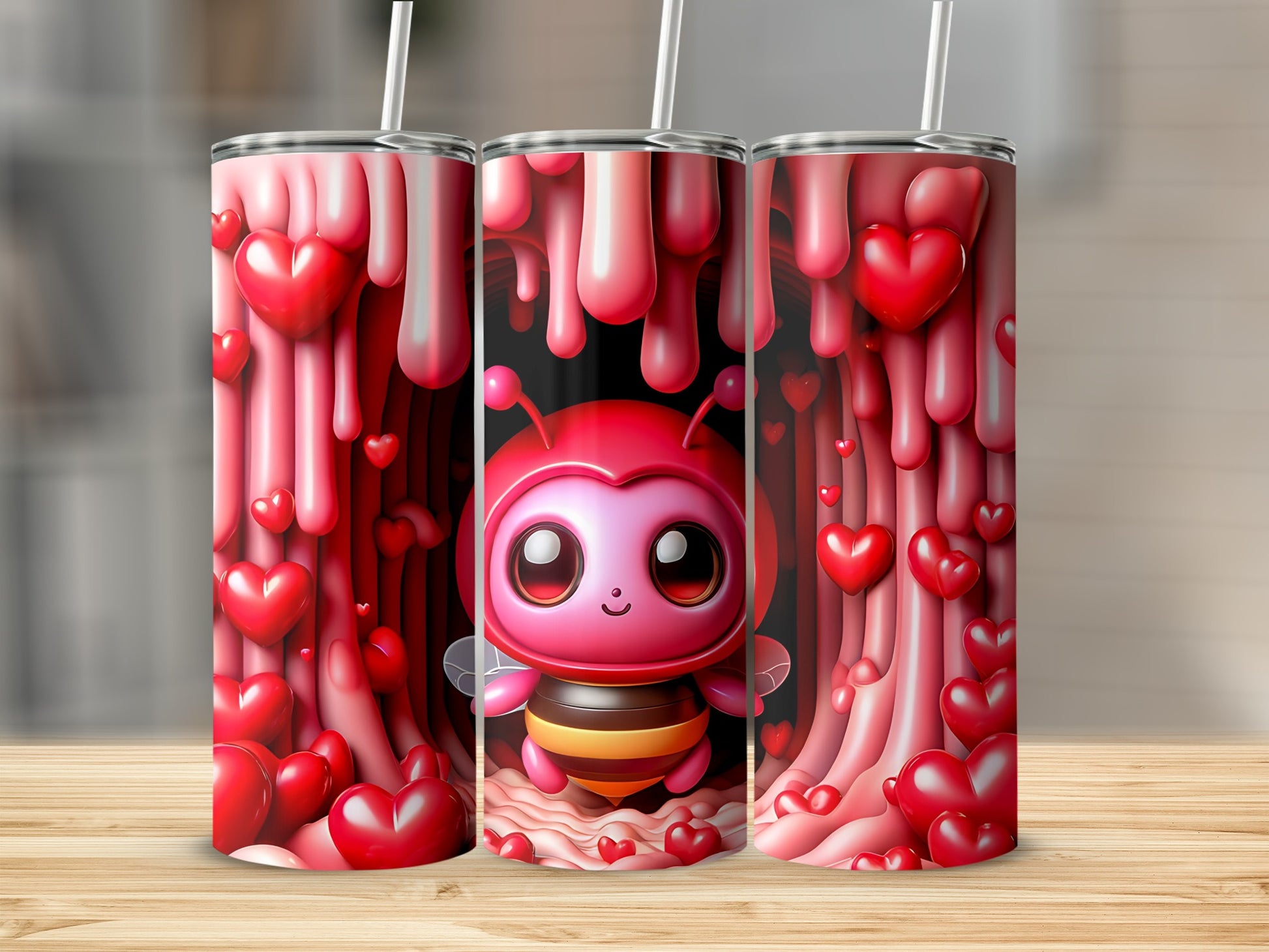Cute Bee and Hearts Tumbler with Straws for Kids